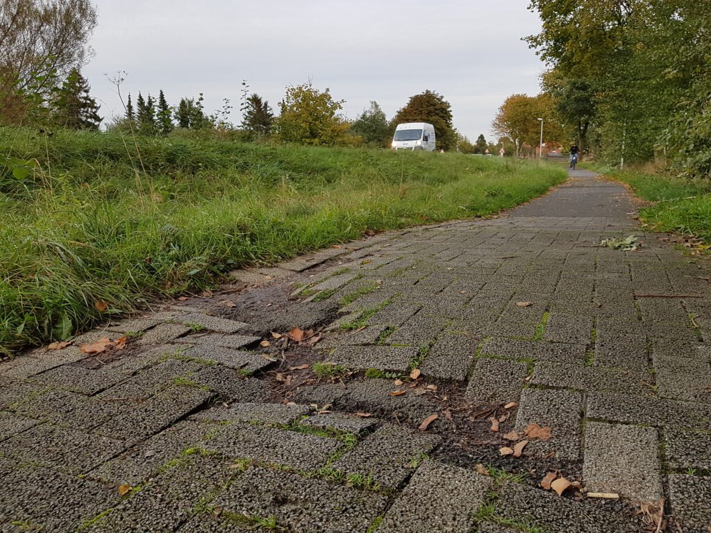 Die L 107 in Tornesch: Wurzelaufbrüche, Schlaglöcher, überwucherndes Gras und die Mindestbreite wird auch um fast einen Meter unterschritten. Bisher war der Kreis der Auffassung, dass dies den Radfahrern zuzumuten sei.