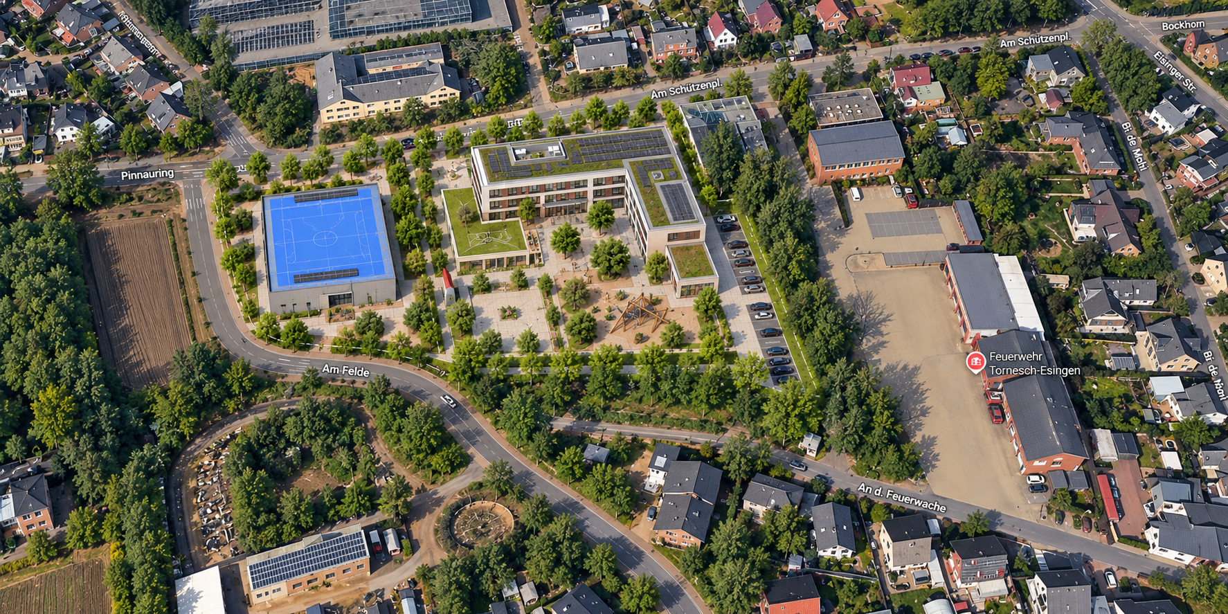 Visionäre 3D-Luftbildvisualisierung des geplanten Grundschulneubaus in Tornesch am Schützenplatz. Zu sehen sind die dreigeschossige neue Grundschule auf der rot umrandeten Fläche V1a mit Schulhof, Spielbereichen, Parkplätzen für Lehrkräfte und den versetzten Holzmodulen für den Ganztag.